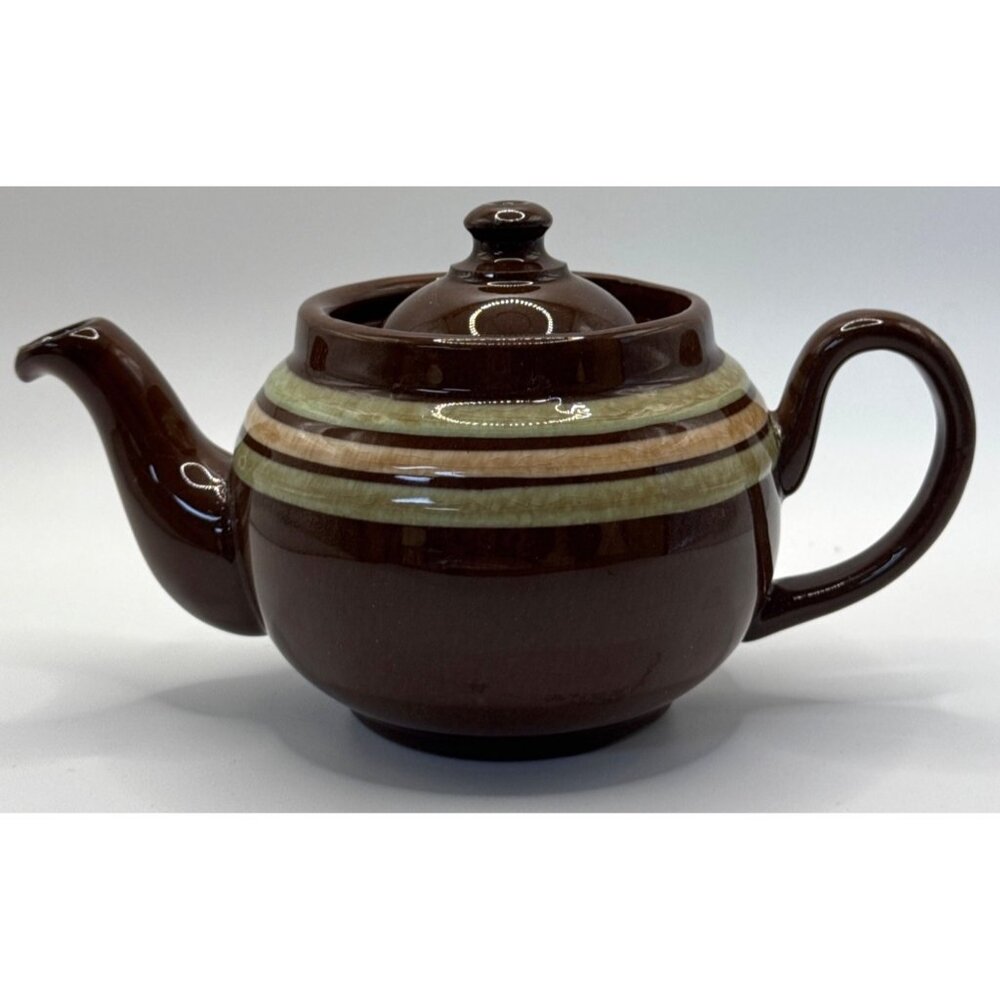 Vintage Ridgway England Brown Glaze Striped Redware Teapot with Lid 4”